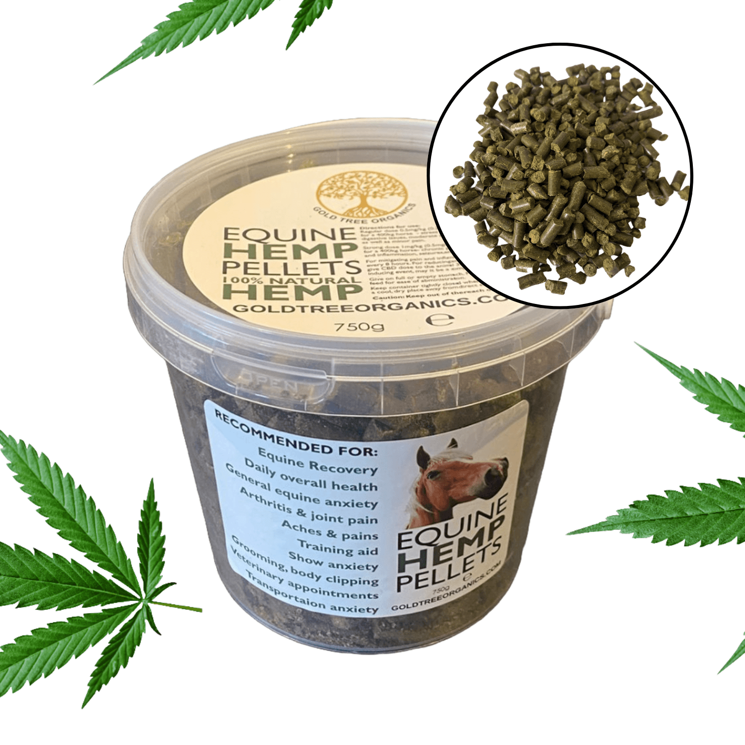 Gold Tree Organics 750g tub of equine hemp pellets natural supplement for horse recovery and calming