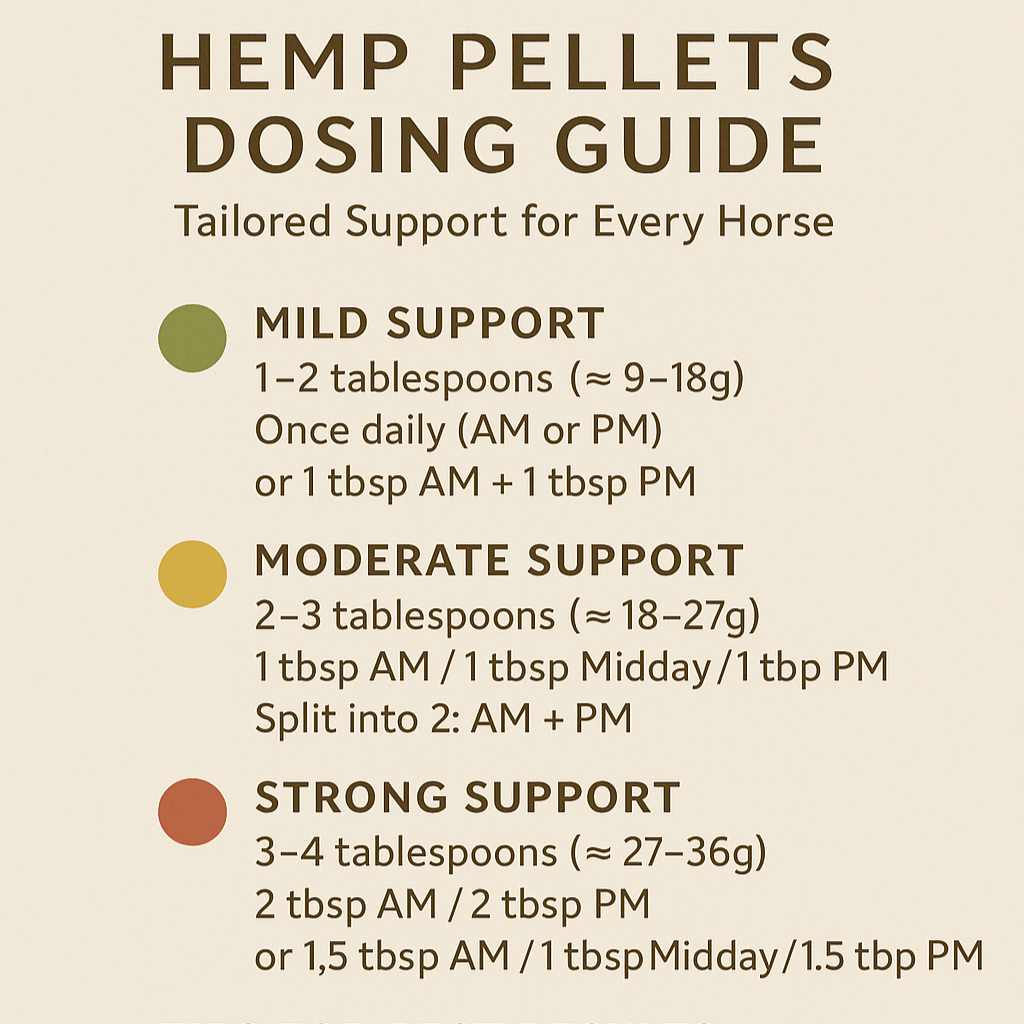 Gold Tree Organics equine hemp pellets dosing guide for horses showing mild moderate and strong tablespoon dosages