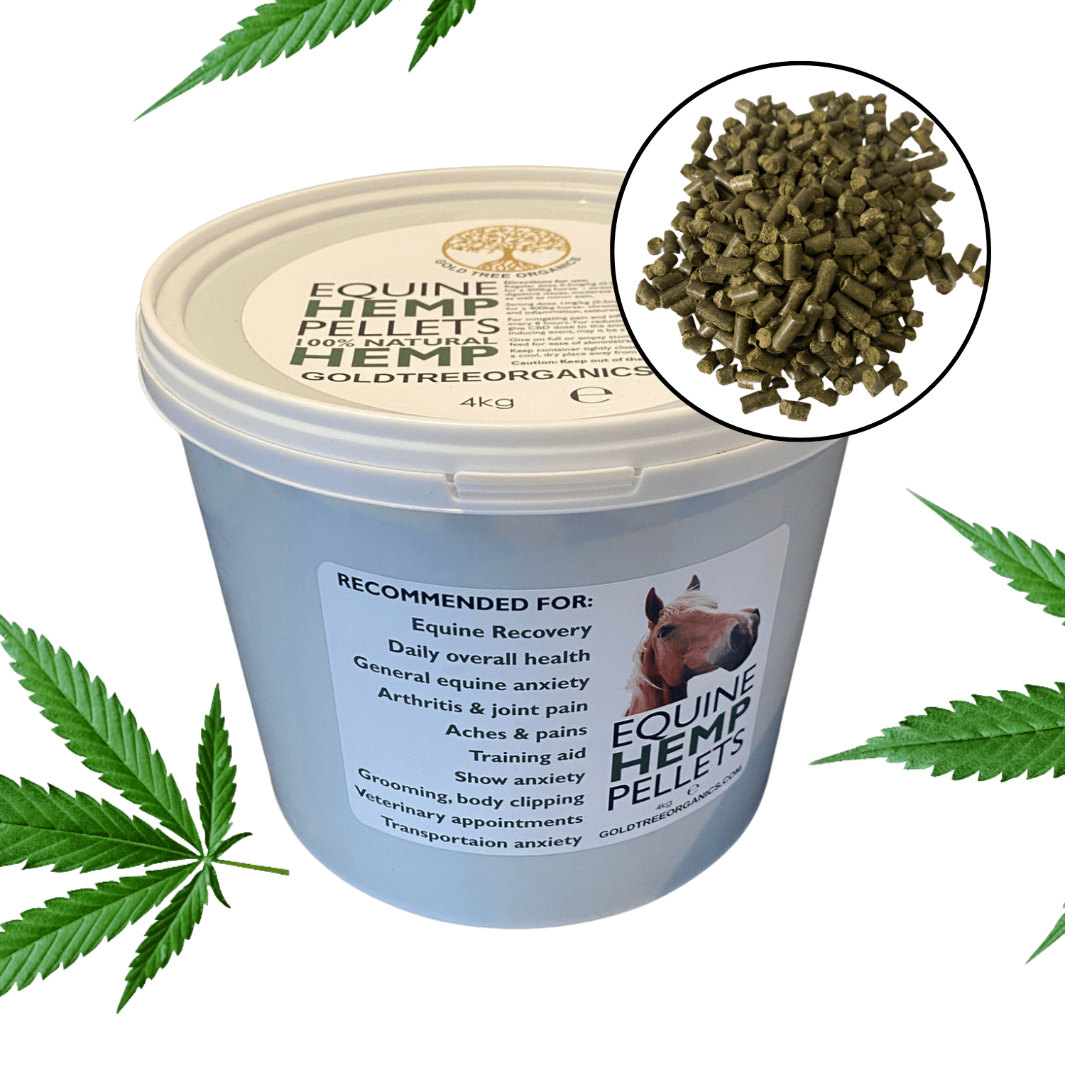 Gold Tree Organics 4kg white tub of equine hemp pellets with label showing horse and close up of pellets