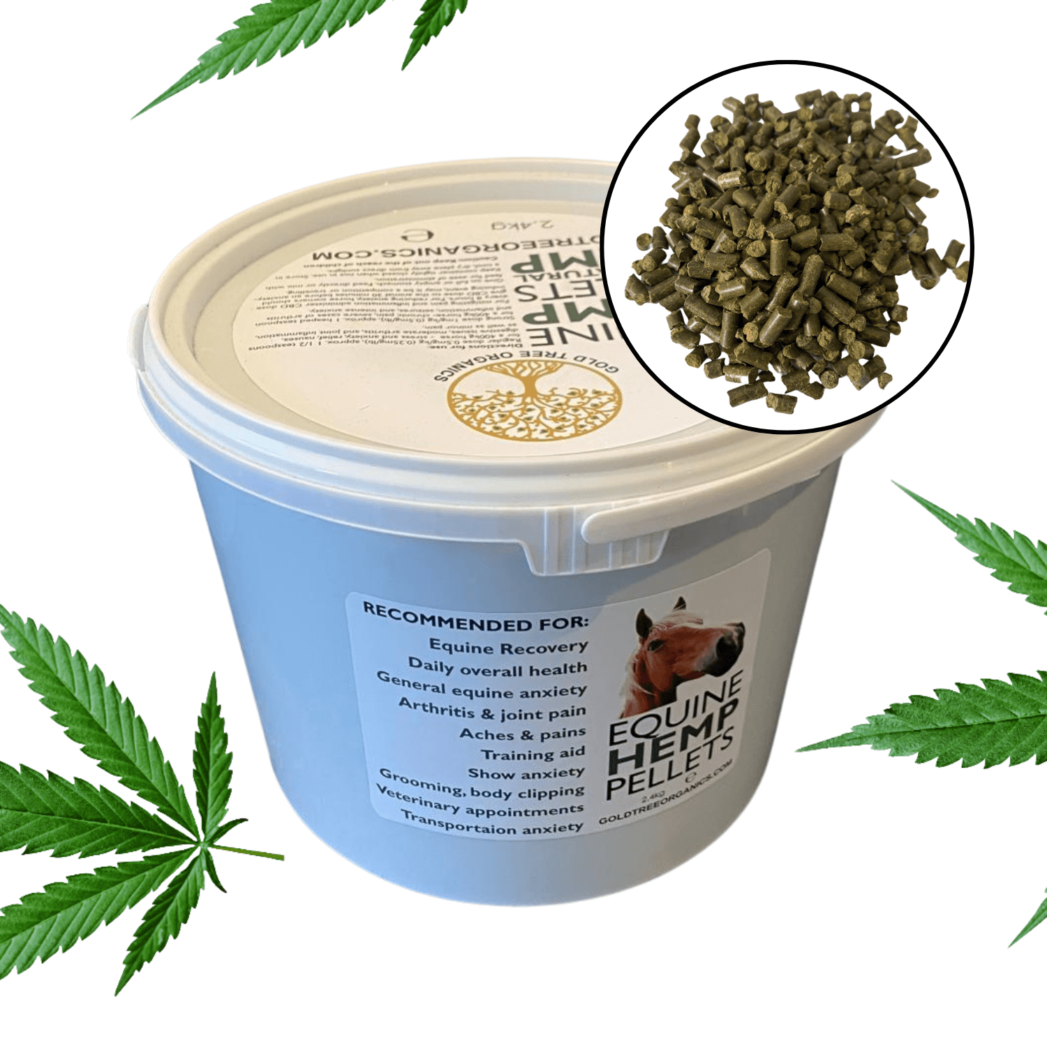Gold Tree Organics bucket of equine hemp pellets with close up of green pellets and horse label