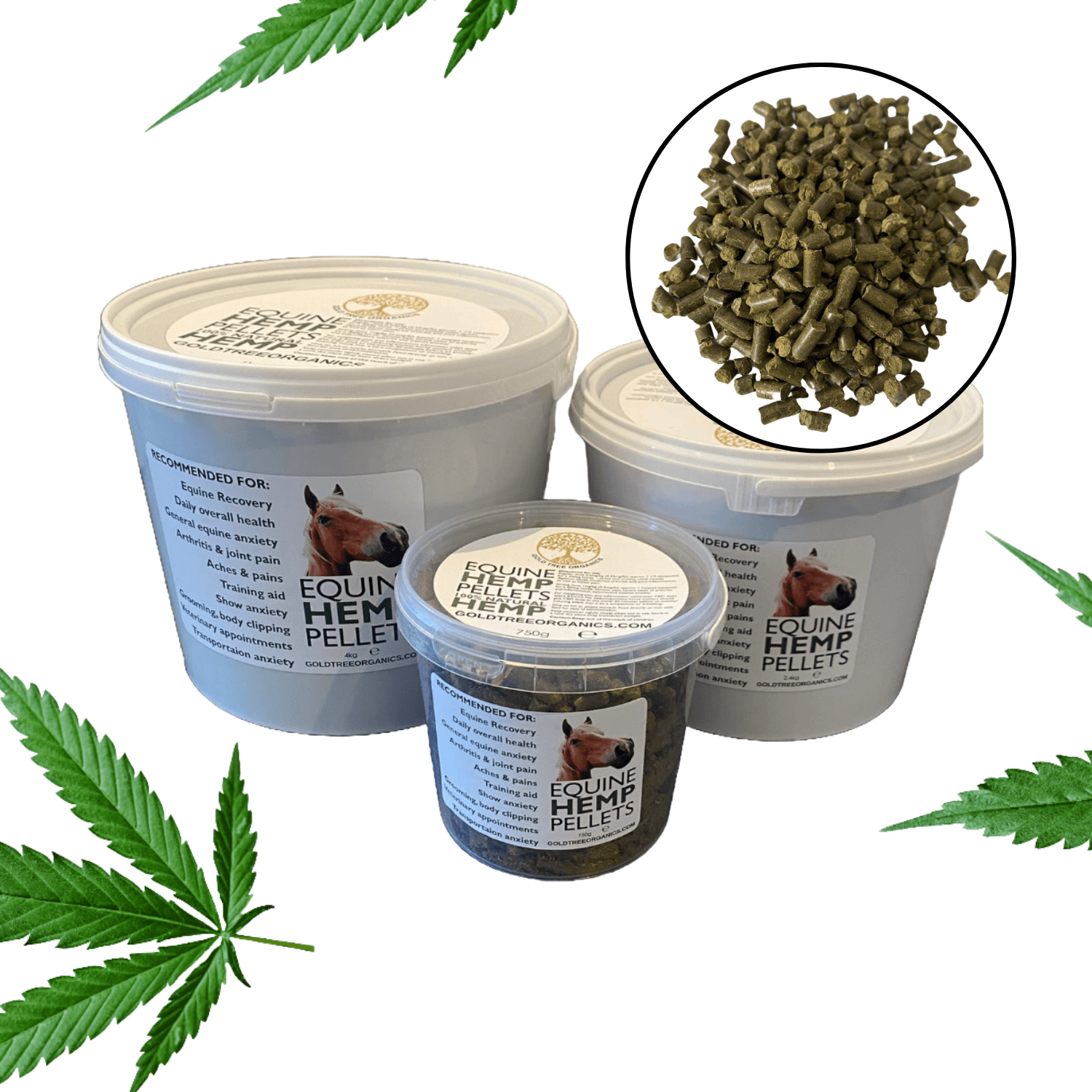 Gold Tree Organics equine hemp pellets tubs with close up of green pellets natural horse supplement