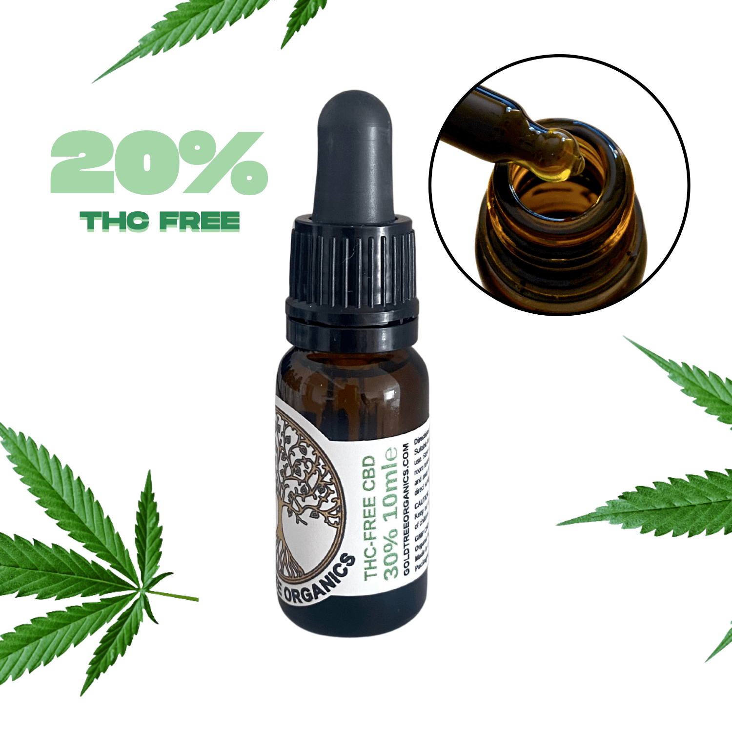 Gold Tree Organics THC free CBD oil in a 10ml bottle with dropper and 20% concentration